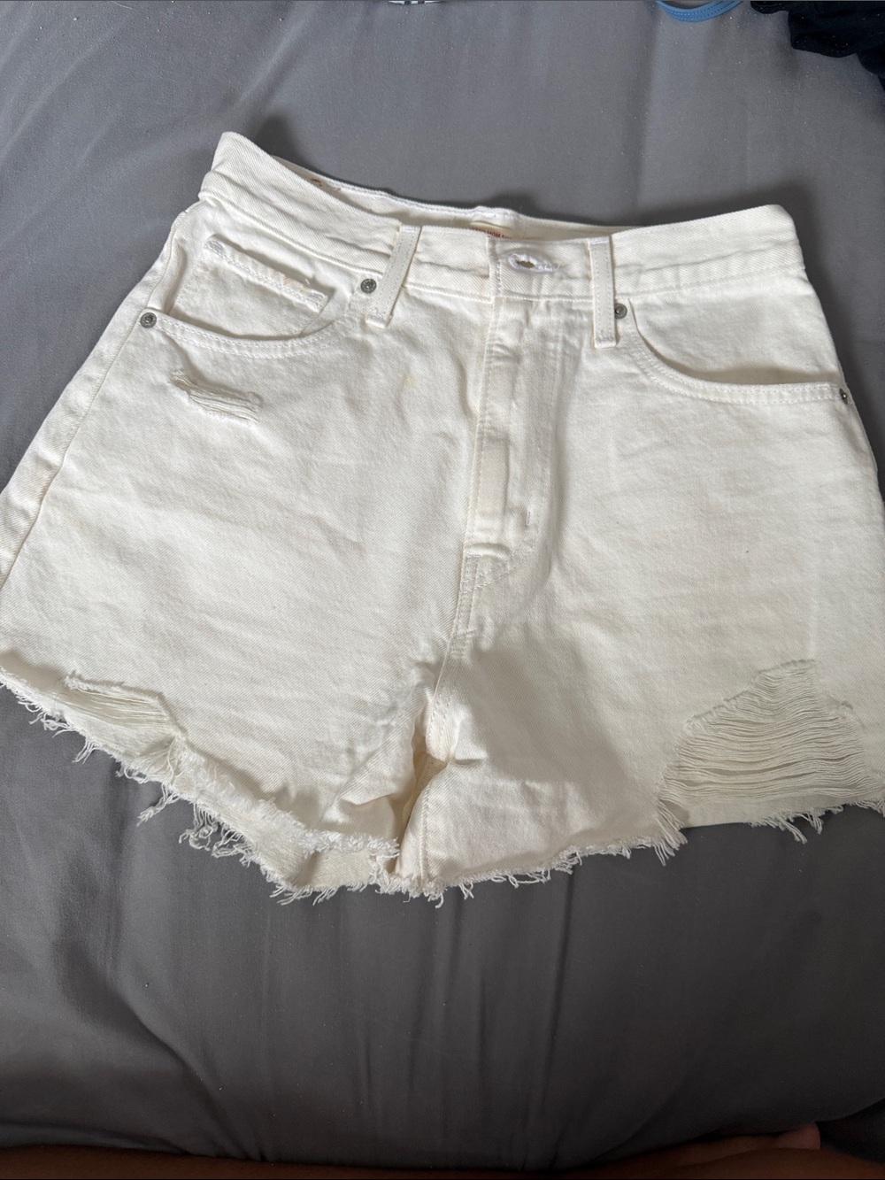 Levi's Off-White Distressed High-Rise Denim Shorts